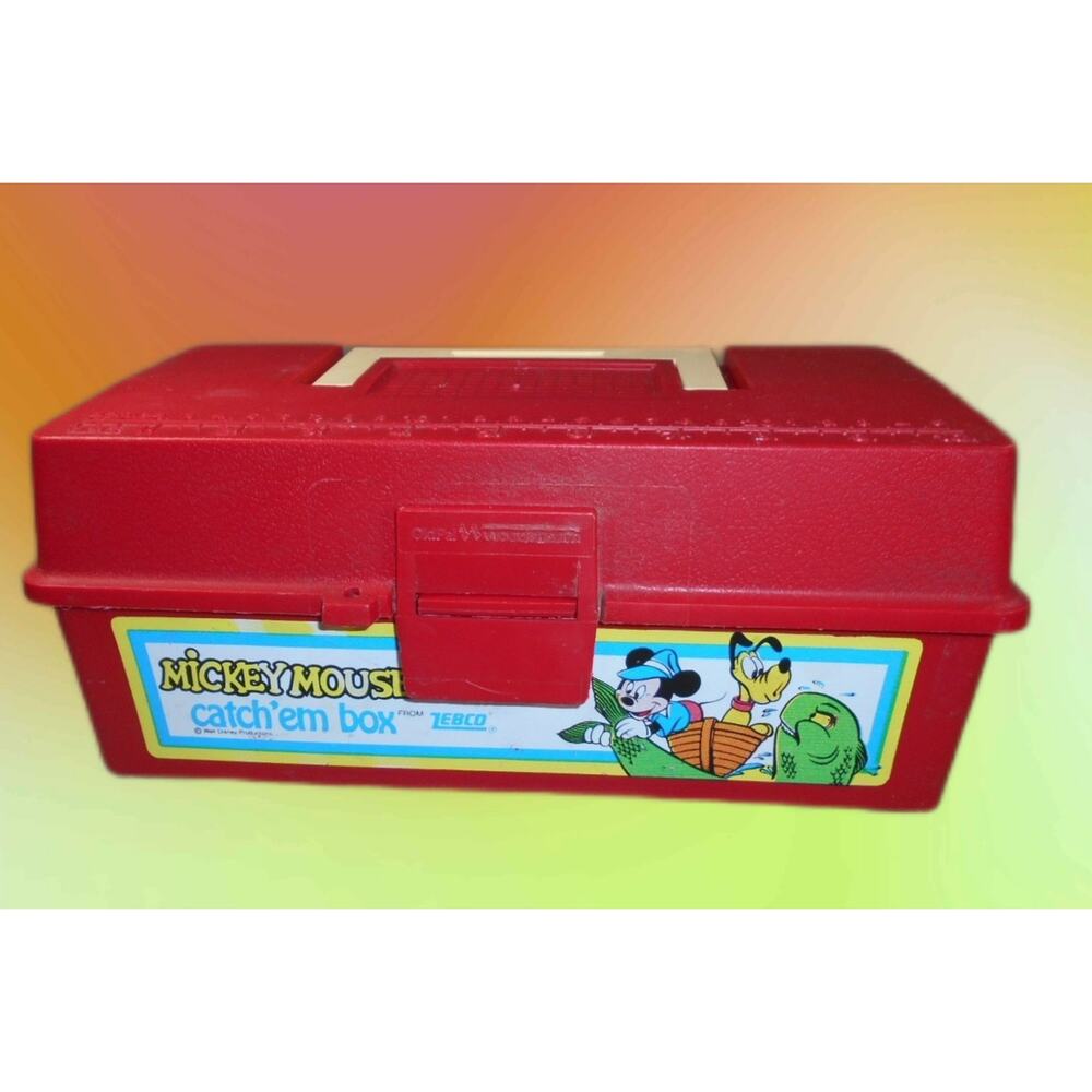 Vintage Disney Mickey Mouse Catch'em Box Red Zebco Fishing Tackle Box w/ Tray
